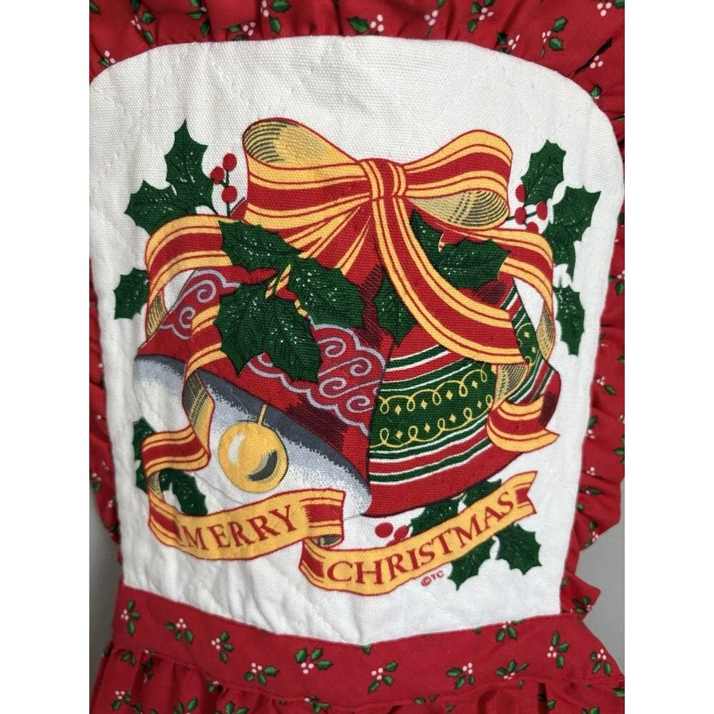 Christmas Apron 80s/90’s Quilted Red Bib Holly Retro Ruffle Holiday Baking VTG